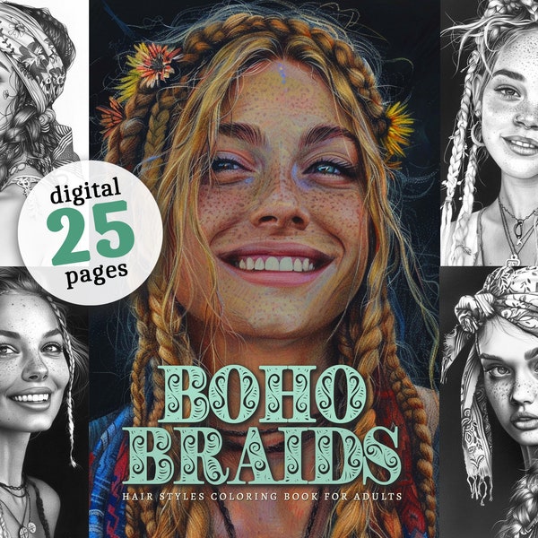 Boho Braids Coloring Book printable Coloring Book Boho Coloring Book Grayscale Girl Portraits coloring pages hairstyles digital hippi girls