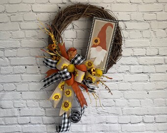 Fall Gnome Grapevine Wreath, Sunflower Autumn Wreath, Buffalo Plaid Autumn Decor