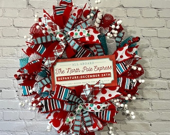 All Aboard The North Pole Express Christmas Deco Mesh Wreath, Red Teal Front Door Christmas Decor, Blue and Red Christmas, Christmas Wreath