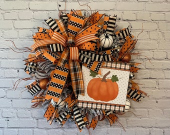 Orange Pumpkin Wreath, Halloween Pumpkin Front Door Wreath, Fall Orange Polka Dot Wreath, Front Door Pumpkin Decor, Orange Pumpkin Halloween