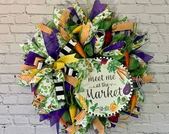 Meet Me At The Market Deco Mesh Wreath, Garden Vegetables Farmers Market Front Door Decor