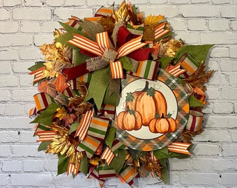 Three Pumpkin Fall Deco Mesh Wreath, Green Orange Fall Front Door Decor, Fall Plaid Wreath