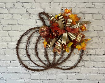 Wicker Pumpkin Door Hanger, Autumn Front Door Decor, Wicker Wood Pumpkin Shape, Autumn Orange Brown Fall Front Door Hanging