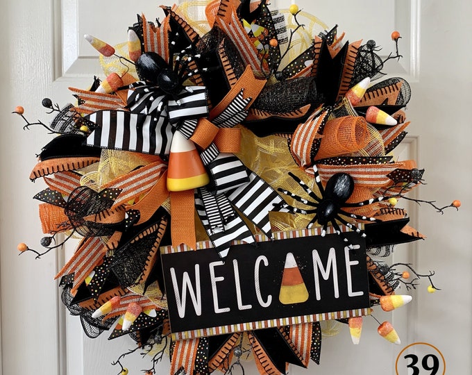 Welcome Candy Corn Themed Deco Mesh Wreath - Etsy