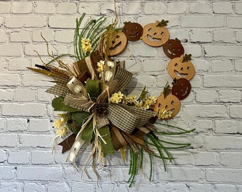 Natural Fall Autumn Metal Jack O Lantern Front Door Wreath, Rustic Country Halloween Front Door Decor