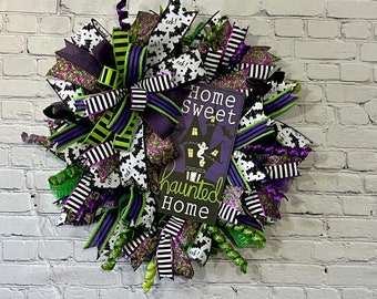 Home Sweet Haunted Home Halloween Deco Mesh Wreath, Ghost Bat Spooky Front Door Wreath Halloween Decor Autumn Porch Decoration Lime Purple