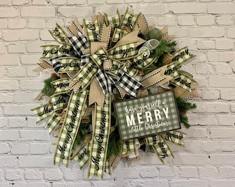 Merry Christmas Green and Burlap Deco Mesh Wreath, Christmas Wreath, Winter Evergreen Wreath, Christmas Decor, Buffalo Plaid Christmas