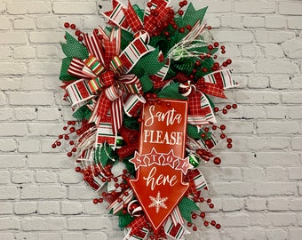 Santa Please Stop Here Christmas Swag, Christmas Deco Mesh Front Door Wreath Swag, Santa Winter Christmas Home Decor, Santa Teardrop Swag