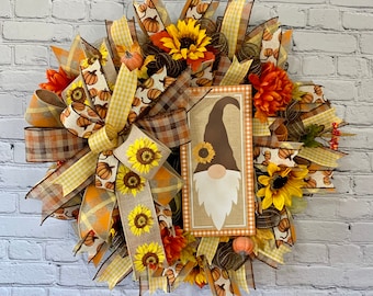 Fall Gnome Welcome Wreath, Autumn Mum Sunflower Gnome Front Door Wreath, Front Door Gnome Decor