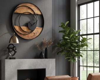 Handmade Large Wall Clock, Farmhouse Style with Live Edge Wood & Metal Frame, Rustic Wooden Modern Decor for Living Room, Office or Entryway