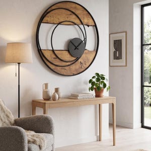 Handmade Large Wall Clock, Farmhouse Style with Live Edge Wood & Metal Frame, Rustic Wooden Modern Decor for Living Room, Office or Entryway