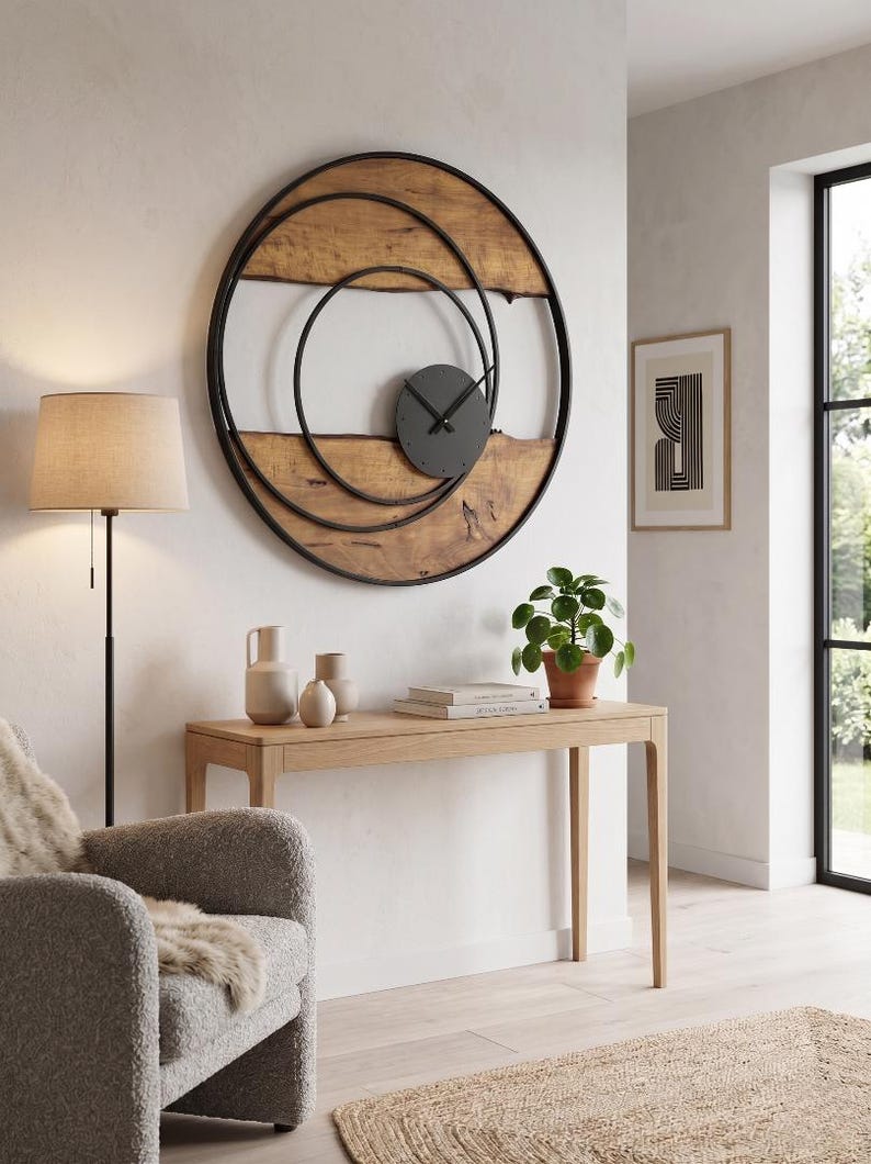 Handmade Large Wall Clock, Farmhouse Style with Live Edge Wood & Metal Frame, Rustic Wooden Modern Decor for Living Room, Office or Entryway