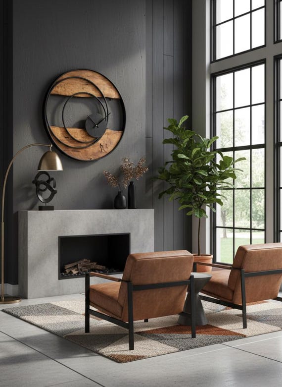 Handmade Large Wall Clock, Farmhouse Style with Live Edge Wood & Metal Frame, Rustic Wooden Modern Decor for Living Room, Office or Entryway