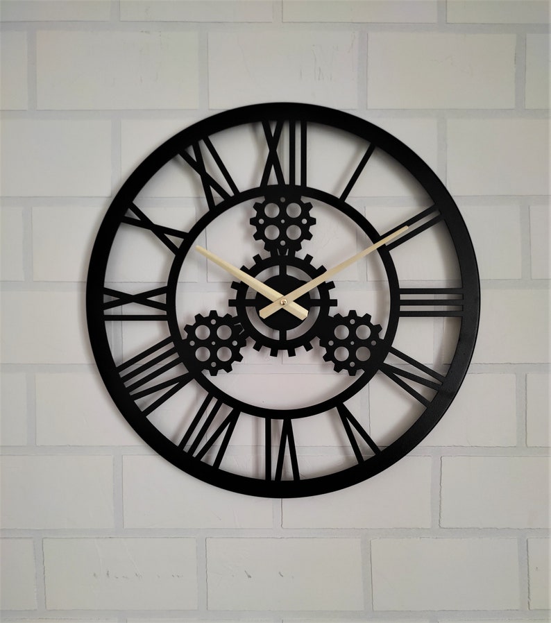 Black Gear Silent Oversize Metal Wall Clock Rustic Large Wall Etsy