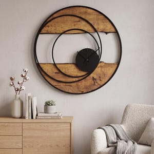 Handmade Large Wall Clock, Farmhouse Style with Live Edge Wood & Metal Frame, Rustic Wooden Modern Decor for Living Room, Office or Entryway