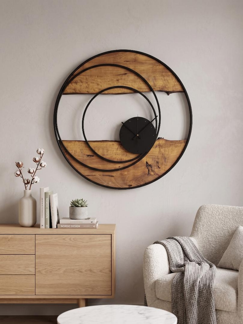 Handmade Large Wall Clock, Farmhouse Style with Live Edge Wood & Metal Frame, Rustic Wooden Modern Decor for Living Room, Office or Entryway