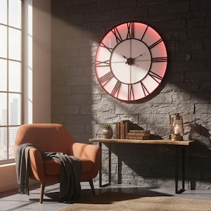 Modern LED Wall Clock – Handmade Roman Numerals Metal & Plexiglass Clock with Backlight – Large Illuminated Wall Decor for Living Room
