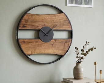 Rustic Wooden Wall Clock, Handmade Large Decorative Clock with Metal Frame, Vintage Industrial Wood & Metal Decor, Farmhouse Style,Live Edge
