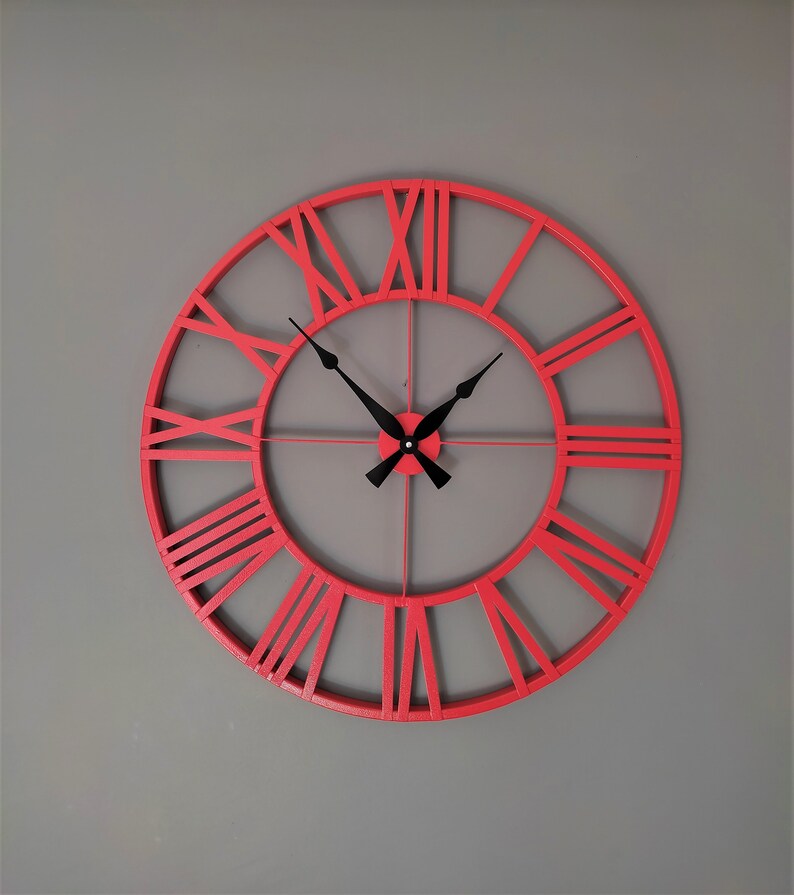 Large Rustic Red Metal Wall Clock Farmhouse Round Silent Wall Etsy