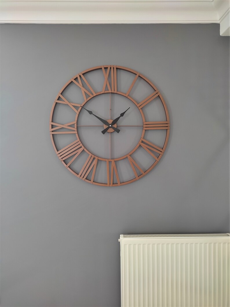 Copper Round Large Rustic Metal Wall Clock Romen Numerals Etsy