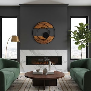 Handmade Large Wall Clock, Farmhouse Style with Live Edge Wood & Metal Frame, Rustic Wooden Modern Decor for Living Room, Office or Entryway