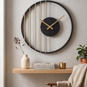Oversized Black Metal Wall Clock, Gold Leaf Stripes Silent Non-Ticking Clock for Office, Bedroom, Kitchen, Living Room, Thanksgiving Gifts