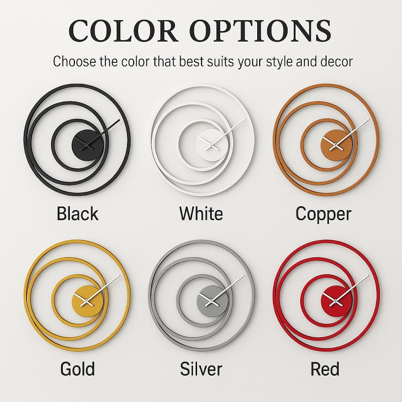 May include: Six different color options for a modern wall clock. The clock features a circular design with concentric circles and a smaller inner circle with hands. The colors are black, white, copper, gold, silver, and red.
