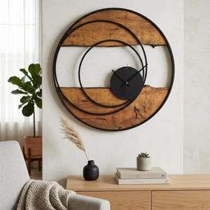 Handmade Large Wall Clock, Farmhouse Style with Live Edge Wood & Metal Frame, Rustic Wooden Modern Decor for Living Room, Office or Entryway