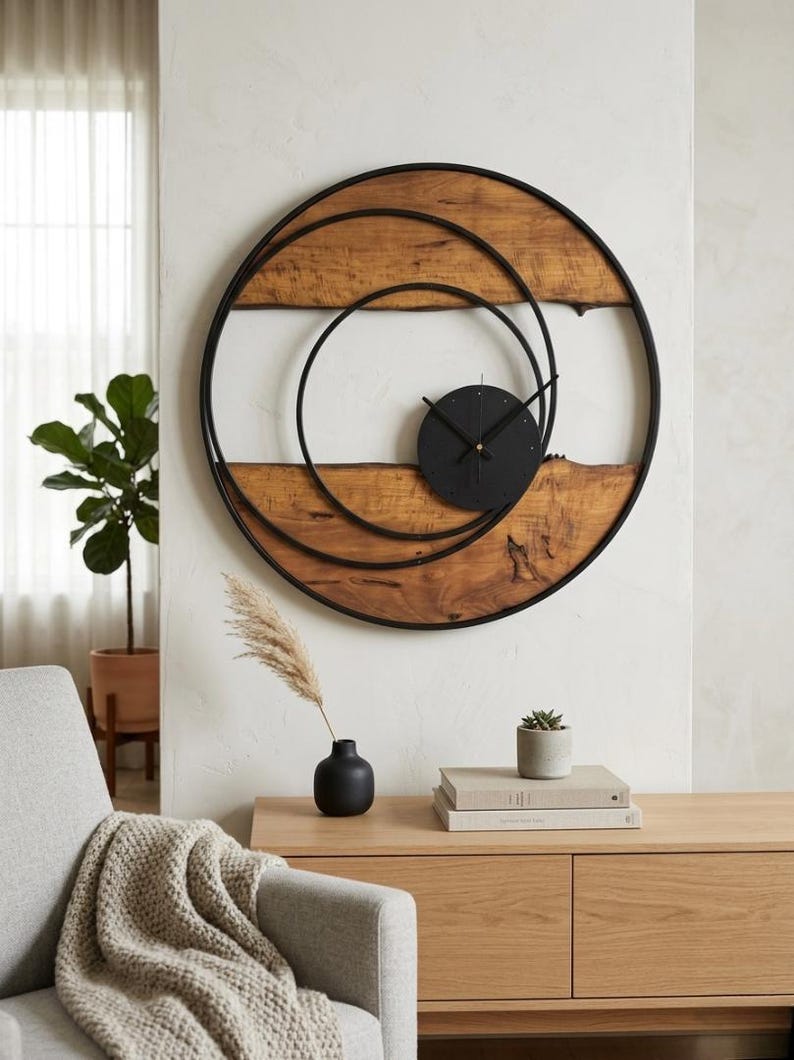 Handmade Large Wall Clock, Farmhouse Style with Live Edge Wood & Metal Frame, Rustic Wooden Modern Decor for Living Room, Office or Entryway