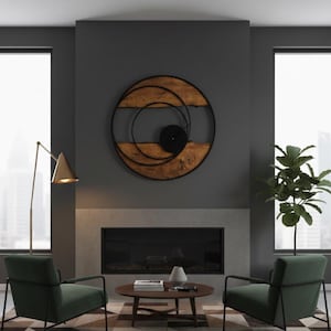 Handmade Large Wall Clock, Farmhouse Style with Live Edge Wood & Metal Frame, Rustic Wooden Modern Decor for Living Room, Office or Entryway