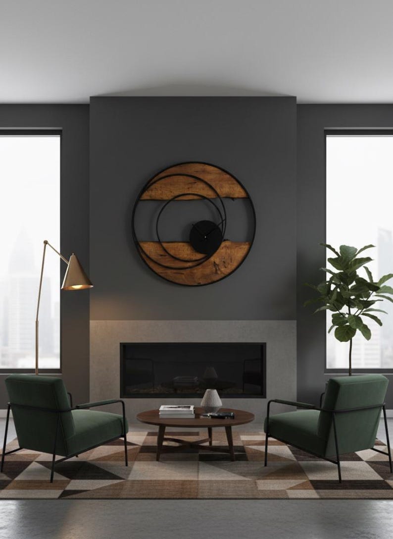 Handmade Large Wall Clock, Farmhouse Style with Live Edge Wood & Metal Frame, Rustic Wooden Modern Decor for Living Room, Office or Entryway