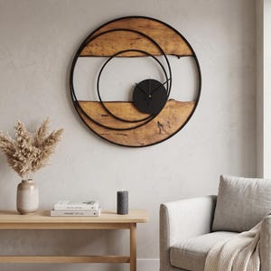 Handmade Large Wall Clock, Farmhouse Style with Live Edge Wood & Metal Frame, Rustic Wooden Modern Decor for Living Room, Office or Entryway