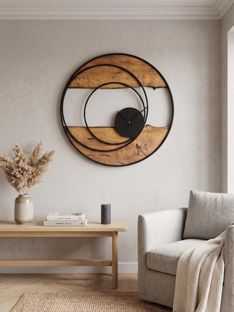 Handmade Large Wall Clock, Farmhouse Style with Live Edge Wood & Metal Frame, Rustic Wooden Modern Decor for Living Room, Office or Entryway