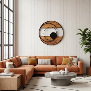 Handmade Large Wall Clock, Farmhouse Style with Live Edge Wood & Metal Frame, Rustic Wooden Modern Decor for Living Room, Office or Entryway