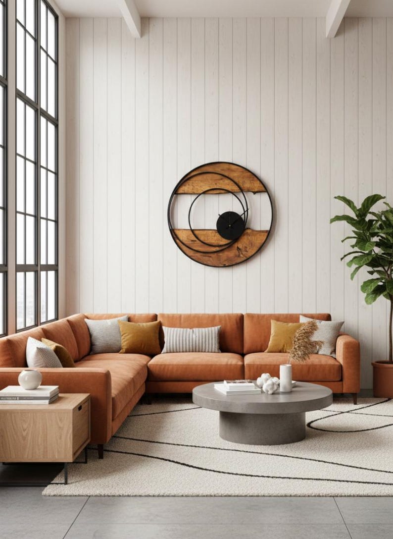 Handmade Large Wall Clock, Farmhouse Style with Live Edge Wood & Metal Frame, Rustic Wooden Modern Decor for Living Room, Office or Entryway
