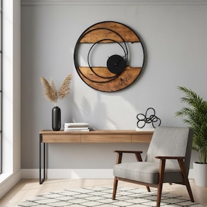 Handmade Large Wall Clock, Farmhouse Style with Live Edge Wood & Metal Frame, Rustic Wooden Modern Decor for Living Room, Office or Entryway