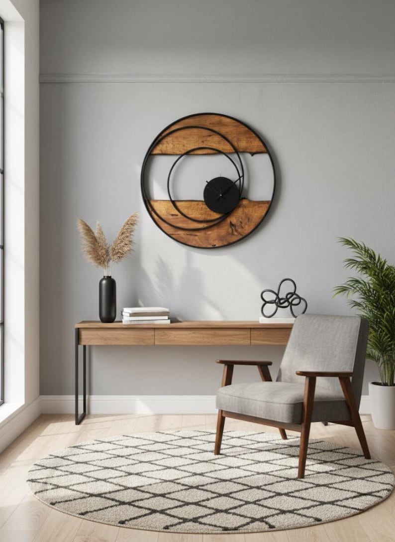 Handmade Large Wall Clock, Farmhouse Style with Live Edge Wood & Metal Frame, Rustic Wooden Modern Decor for Living Room, Office or Entryway