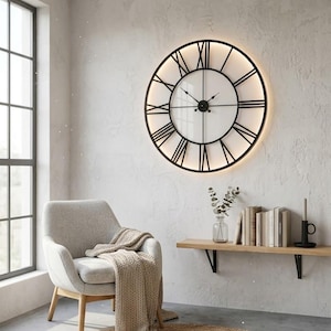 Modern LED Wall Clock – Handmade Roman Numerals Metal & Plexiglass Clock with Backlight – Large Illuminated Wall Decor for Living Room