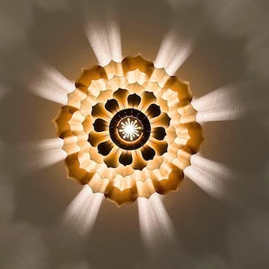 May include: A gold-colored ceiling light fixture with a flower-shaped design. The light fixture has a central light bulb and emits a warm glow.