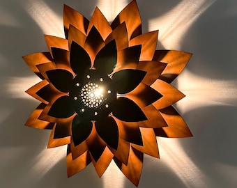 Wooden Brown Lotus Flush Mount Ceiling Light, Floral Ceiling Lamp, Handcrafted Botanical Lighting