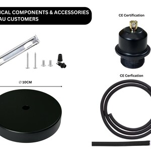 May include: A black ceiling light fixture kit with a 10 cm diameter round base, a black cord, and a black ceiling canopy with a gold screw. The kit includes screws, wire connectors, and a black ceiling plate.