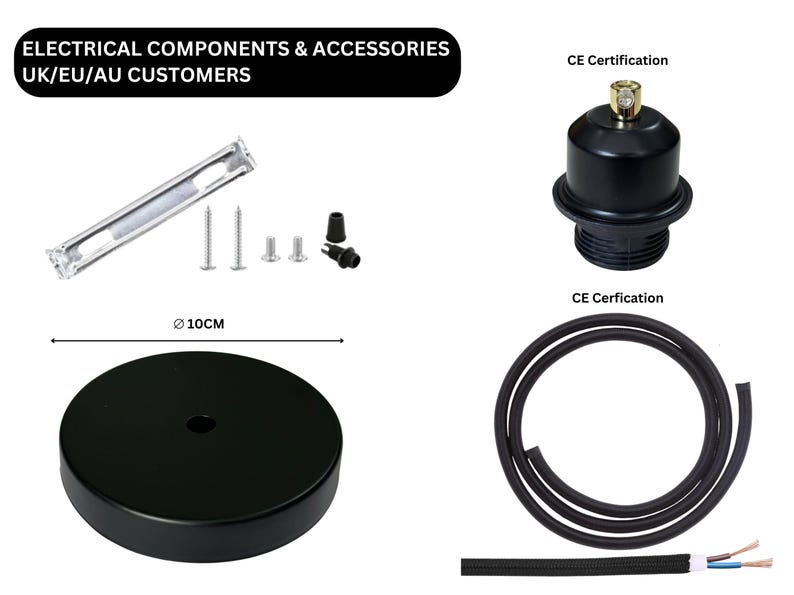 May include: A black ceiling light fixture kit with a 10 cm diameter round base, a black cord, and a black ceiling canopy with a gold screw. The kit includes screws, wire connectors, and a black ceiling plate.