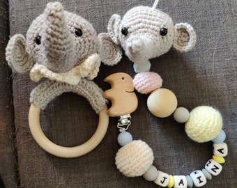 Elephant Pacifier and Rattle Set