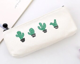 Trousse scolaire en polyester blanche avec dessins de cactus