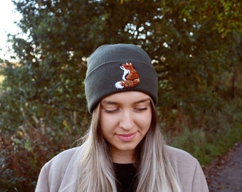 Embroidered Beanie Hat, fox hat, green woolly hat, womens autumn hat, custom beanie, woodland embroidery