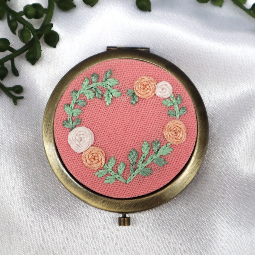 Pink Mirror Floral Rose Embroidery Cute Pocket Mirror Hand Etsy