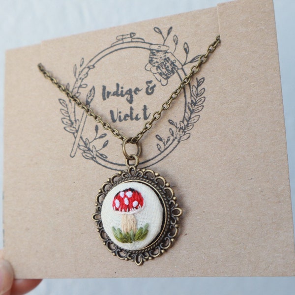 Hand Embroidered Mushroom Necklace // woodland pendant, mushroom statement jewellery, toadstool nature inspired keyring.