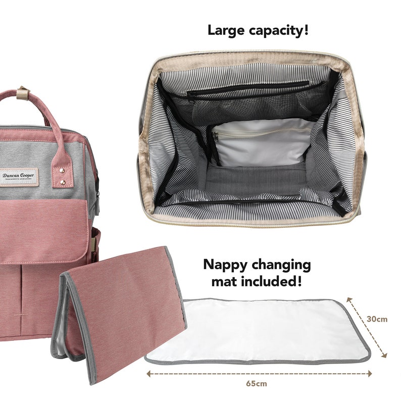 May include: A pink and gray diaper bag with a large capacity. The bag has a zippered opening and multiple pockets. It comes with a matching changing mat that is 65 cm wide and 30 cm long.