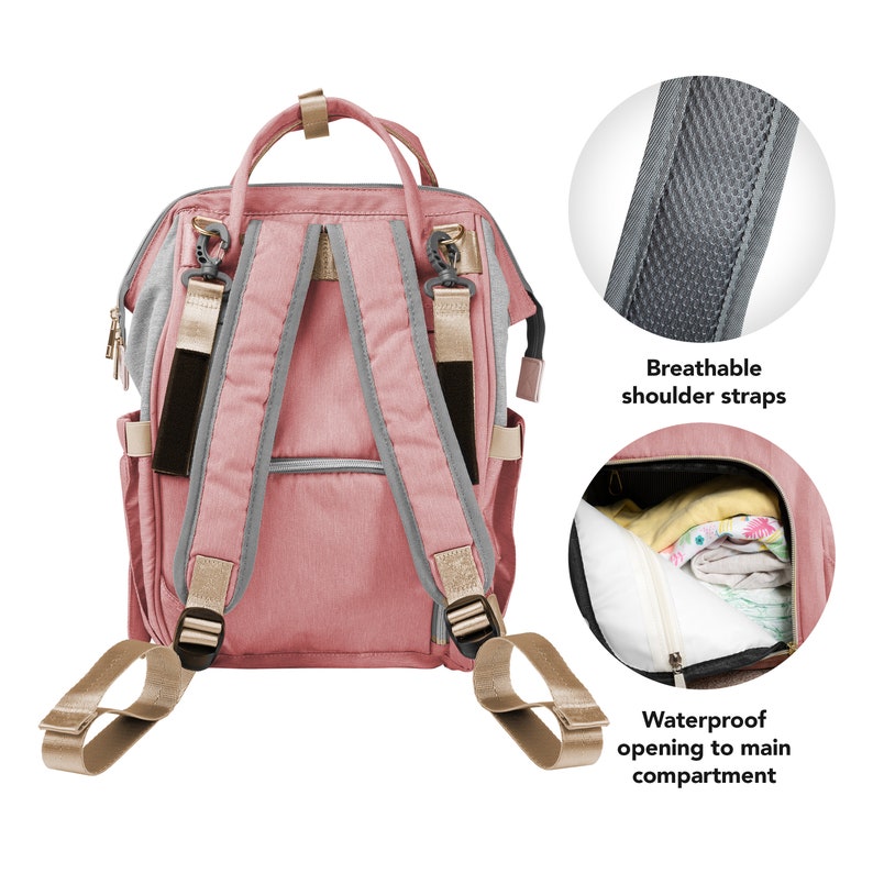 May include: A pink diaper bag backpack with gold accents and a zippered pocket on the front. The backpack has adjustable shoulder straps with breathable mesh padding. The bag has a waterproof opening to the main compartment.