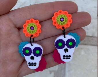 Boucles d’oreilles Dia De Los Muertos Sugar Skull - Argile polymère coloré vif et cristaux Swarovski